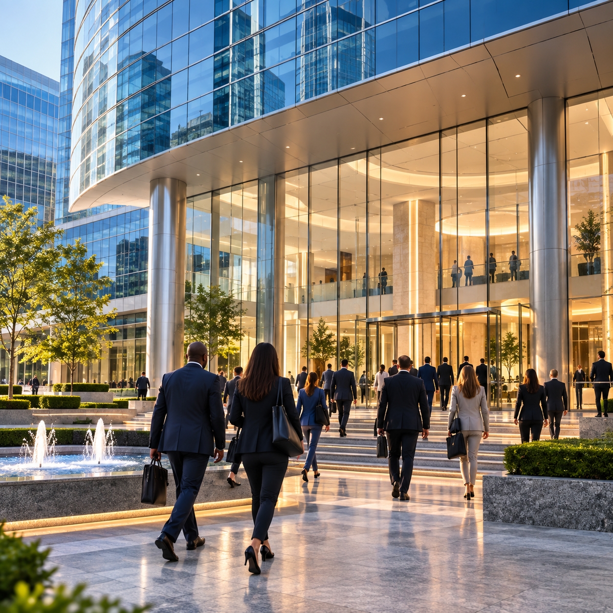 Employees entering a large institutional banking headquarters during a major corporate transition