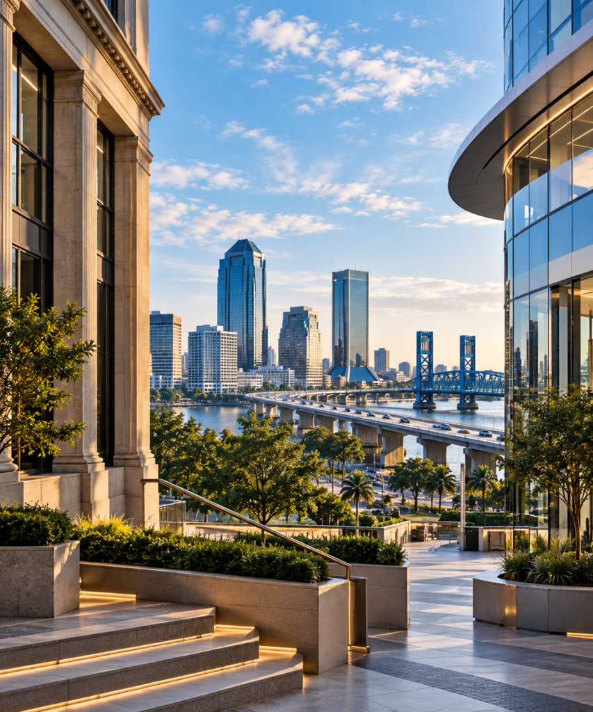 Established and modern business architecture connected by active transportation infrastructure, representing enterprise transformation, growth, and scale.