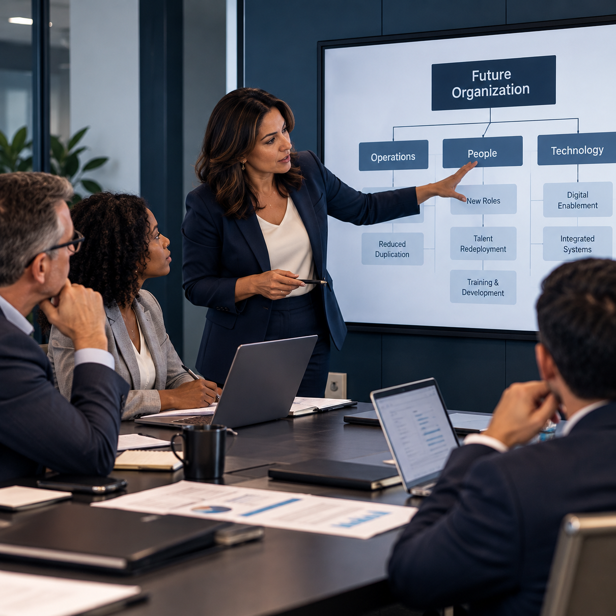Executives reviewing a future organizational structure during a workforce restructuring strategy meeting