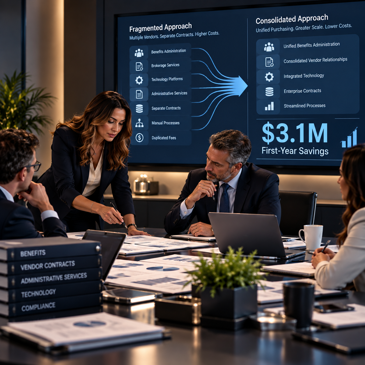 Executive team reviewing vendor and administrative consolidation opportunities that generated $3.1 million in first-year savings