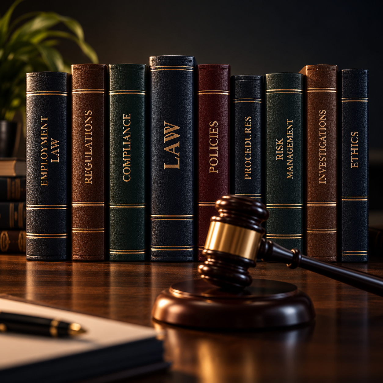 Legal books and gavel representing employment compliance, regulatory risk, workplace policies and governance.
