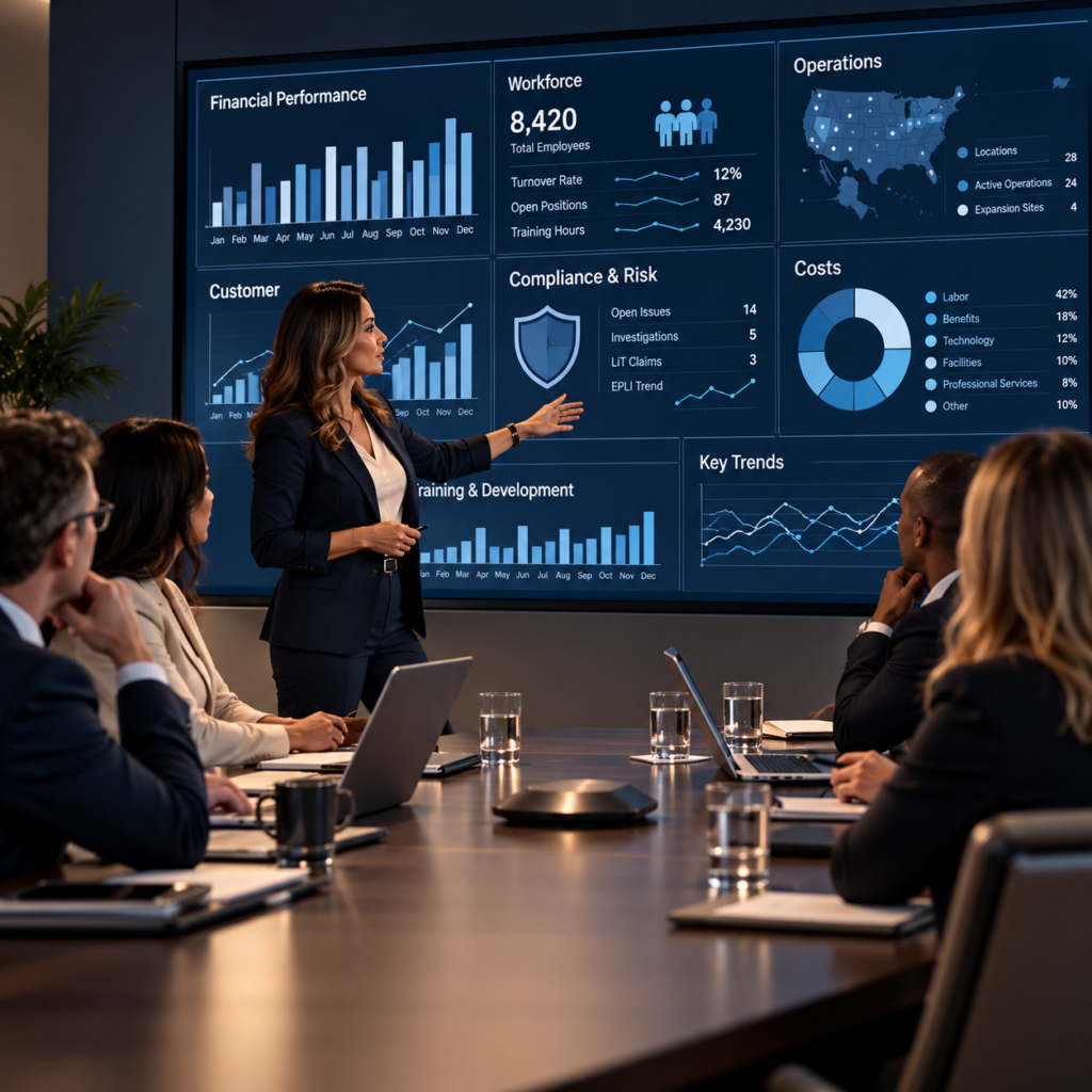 Executive presenting enterprise reporting and business performance data to leadership in a corporate boardroom