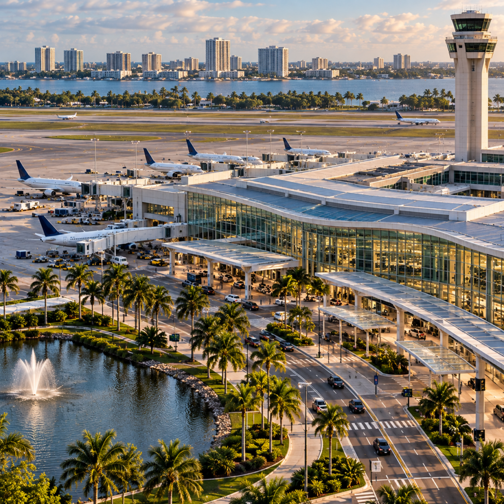 Modern airport infrastructure connecting multiple operations through a coordinated central system, representing enterprise technology integration and transformation.