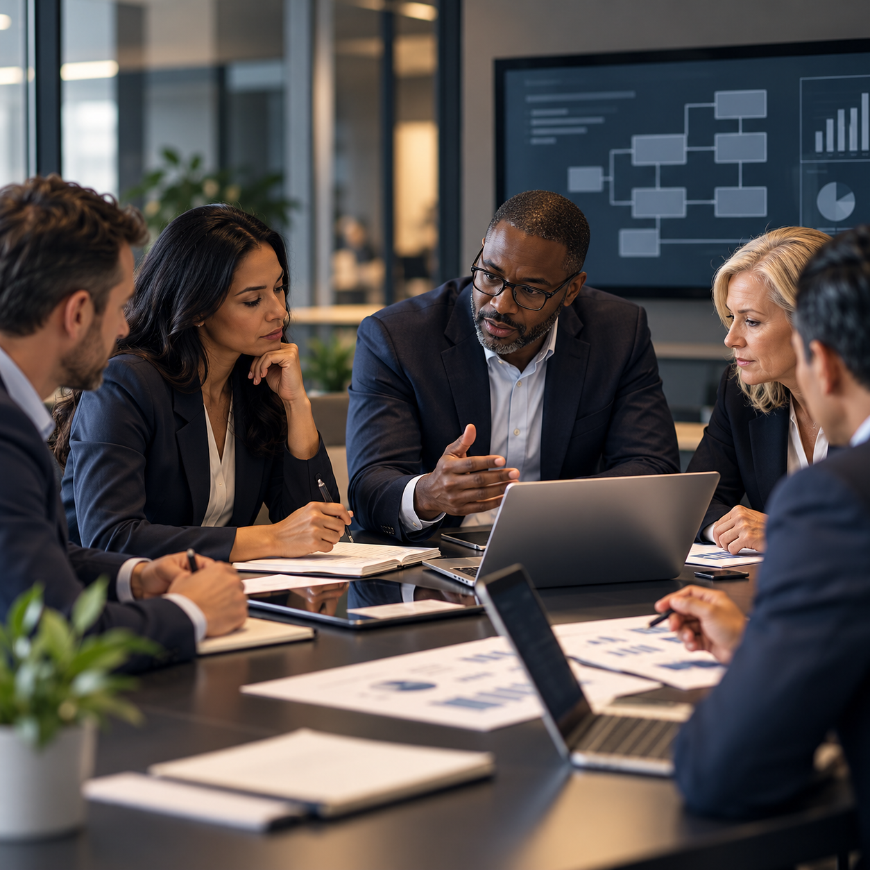 Executive team collaborating on M&A integration strategy and planning