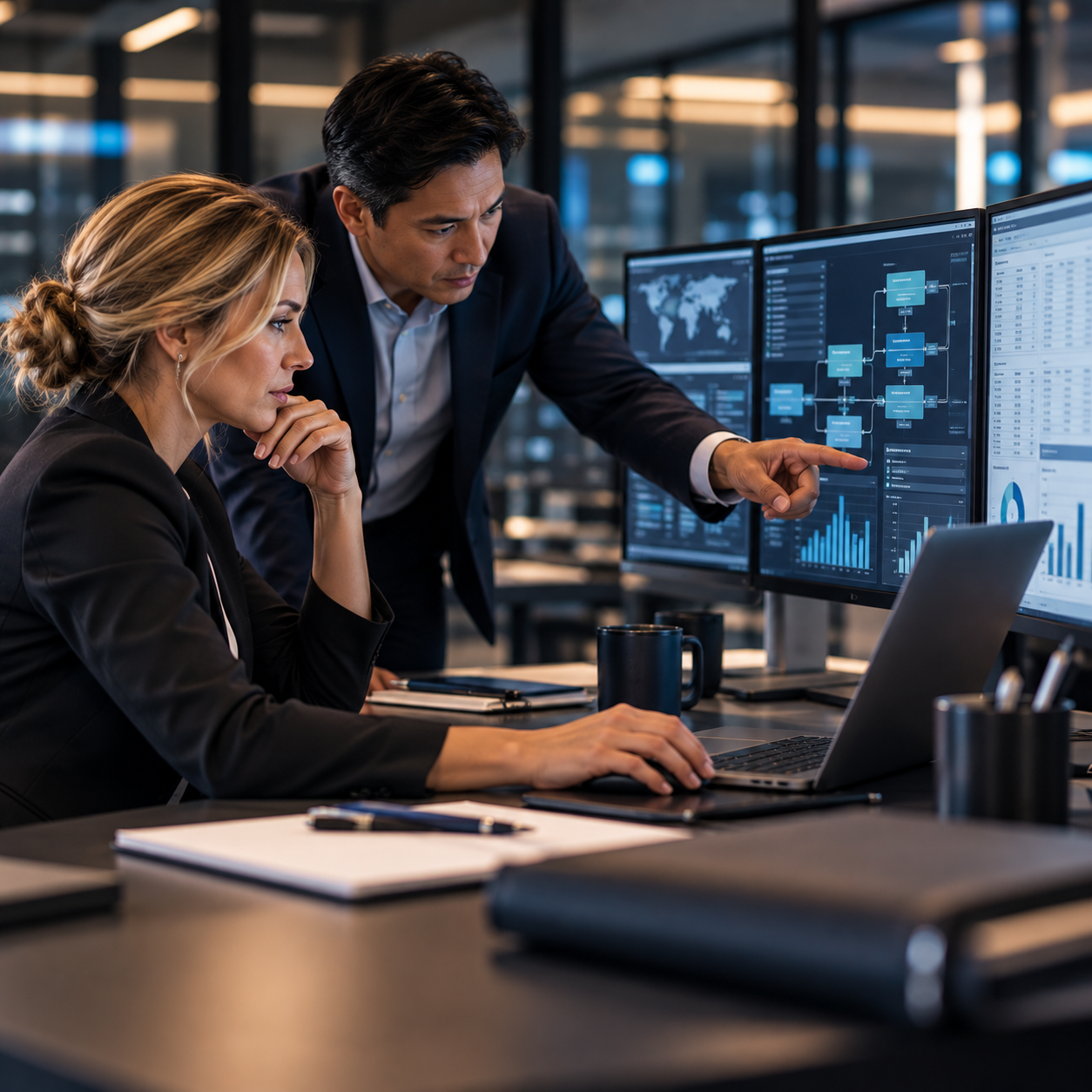 Business leaders reviewing technology systems and data during M&A integration